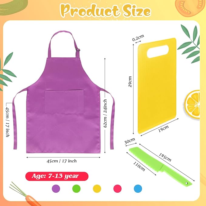 Sratte 20 Pcs Kids Apron and Chef Hat Set Kids Plastic Knife Set with Cutting Board, 5 Toddler Apron 5 Chef Hat 5 Kid Safe Knives 5 Kids Chopping Board for Baking Cooking Club, Preschool Class