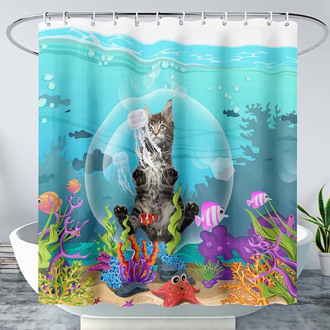 AILONEN Funny Cat Shower Curtain for Bathroom, Ocean Animal Print Shower Curtain, 72" W*96" H Waterproof Polyester Cat Lover Shower Curtain Decor Bathroom with Grommets and Hooks