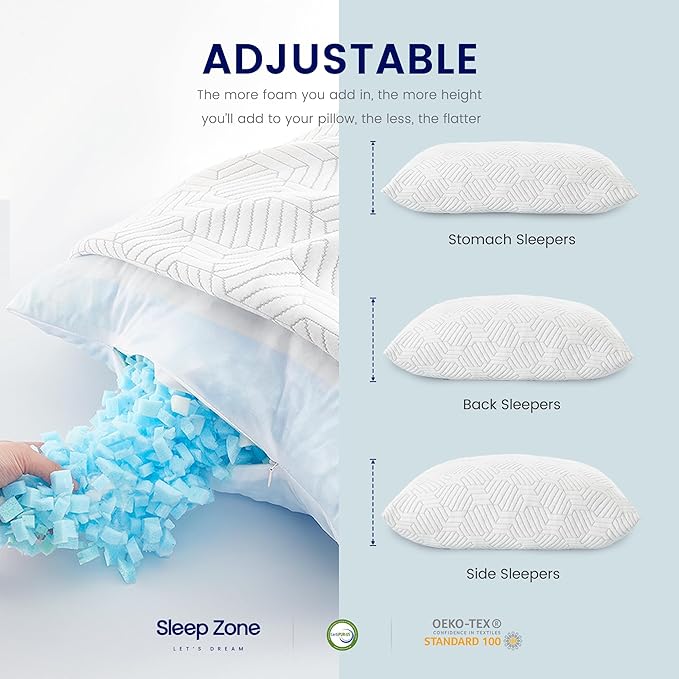 SLEEP ZONE Queen Size Shredded Memory Foam Bed Pillow for Sleeping, Removable Cooling Cover, Adjustable with 0.5Lb Extra Original Filling, (White, 20 x 30)