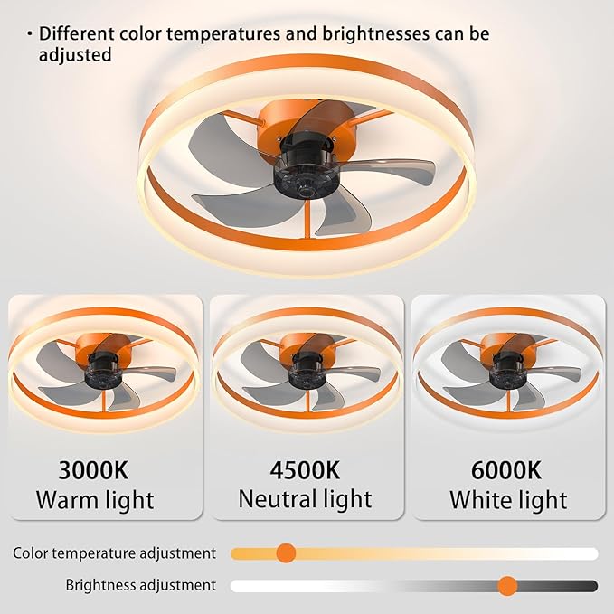 Ceiling Fan with Remote Control Memory Functions 21dB Low Noise 6 Adjustable Speeds Dimmable Led Ceiling Fan for Hallways Balconies Patios Orange Color