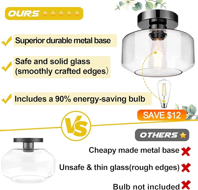 Industrial Semi Flush Mount Ceiling Light Black Chrome, 800 Lumen LED Bulb Included, Clear Glass Shade Ceiling Light Fixture, Farmhouse Light Fixture for Hallway Corridor Kitchen Bathroom