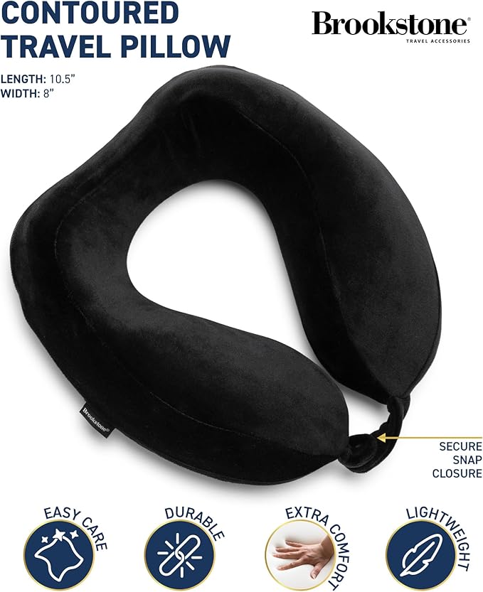 Brookstone Contoured Memory Foam Head and Neck Travel Pillow Ergonomic and Lightweight, Black