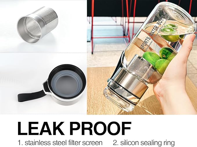 24OZ Borosilicate Glass Infuser Water Bottle,Glass Tea Tumbler with Strainer and Anti-slip Sleeve, Sport Water Bottles for Gym Hiking Camping