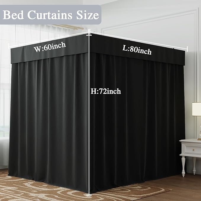 Hvqic Black Canopy Bed Curtains - 4 Corner Post Bed Curtains Queen Bed Curtains Lightproof Drapes Bed Canopy for Adults & Girls Bedroom Decoration (Queen,Black)