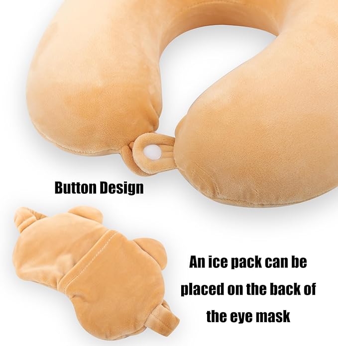 Kids Neck Pillow for Travel with Sleep Eye Mask, Cute Travel Neck Pillow, Memory Foam Flight Sleeping Headrest Pillow for Boys & Girls, Airplane, Train, Car, Home Use - Brown Bear