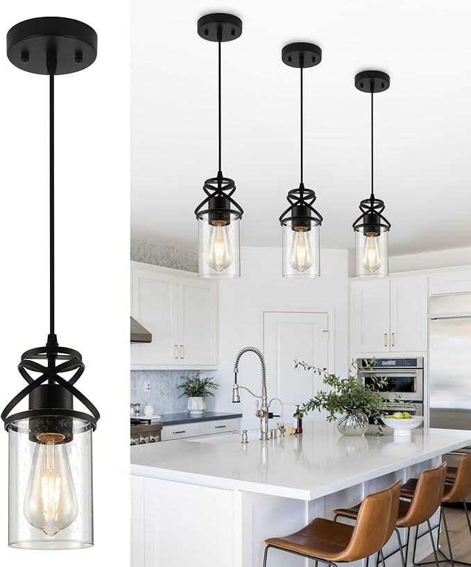 Industrial Pendant Light with Seeded Glass Shade, Black Farmhouse Hanging Light for Kitchen Island, Modern Ceiling Light Fixture for Dining Room Bedroom
