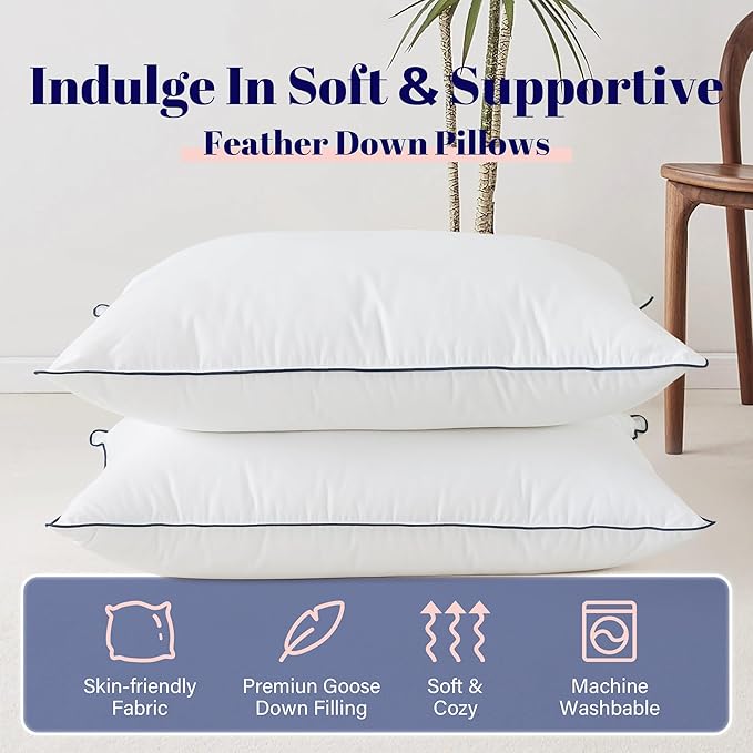 Cosybay Goose Feather and Down Bed Pillow, Premium Medium White Pillow Inserts for Sleeping, Luxury Bedding Pillows for Side and Back Sleepers, Queen Size, 20x28 Inches, 1 Pack