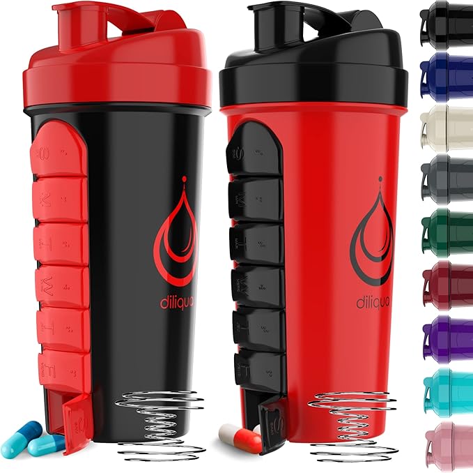 '-2 PACK- Shaker Bottles for Protein Mixes with Pill Organizer | BPA-Free & Dishwasher Safe | 2 Large 24 oz protein shaker bottle | Shaker Cups for protein shakes | Blender Shaker Bottle Pack