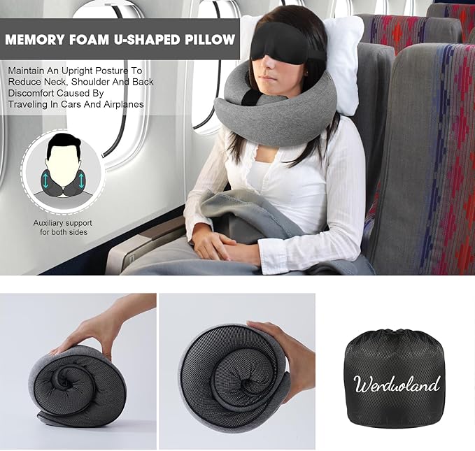Travel Pillow, Neck Pillow Travel, Memory Foam Neck Pillow Travel Neck Pillow for Traveling, Neck Support Travel Pillows for Long Flights, Neck Travel Pillows for Airplanes, Grey