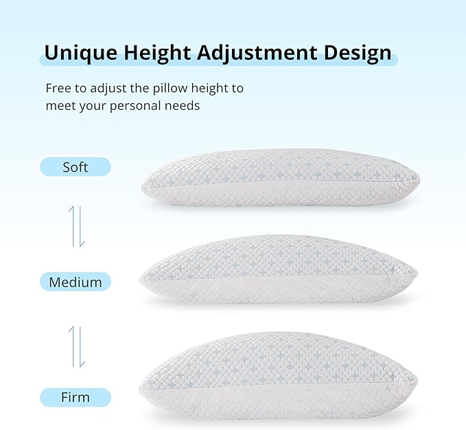 Cooling Shredded Memory Foam Pillows for Hot Sleepers, Adjustable Bed Pillows for Side, Back or Stomach Sleepers, Neck Pillows for Sleeping, Queen Pillow with Removable Cover (1 Pack, Cooling)