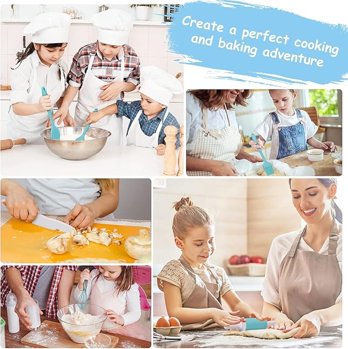 Cooking Set for Kids, Real Cooking Kids Baking Set with Organizer Carrying Case for Girls, Kitchen Tools Kids Knife Set for Boys, Kid, Toddler, Gift, Toys-Blue