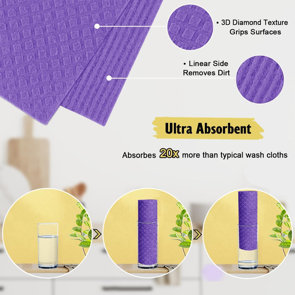 Swedish Dishcloths - 10 Pack Reusable Kitchen Dishcloths - Ultra Absorbent Dish Towels for Washing Dishes - Cellulose Sponge Cloth Cleaning Cloths - Purple
