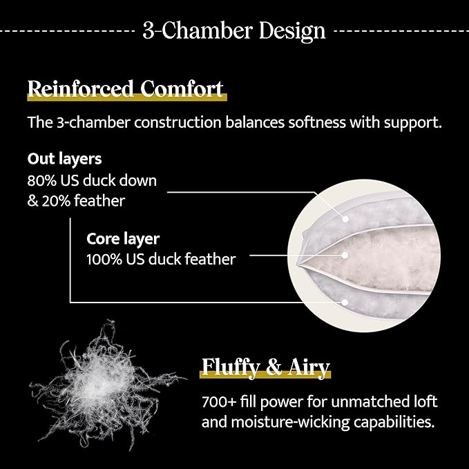 Double Stitch Luxury US White Down Pillow - Made in Canada, 400 Thread Count 100% Cotton Shell, Soft 700 Fill Power Down Bed Pillow, Soft Sleeping Pillow 3-Chamber, Standard(20" x 26") ﻿