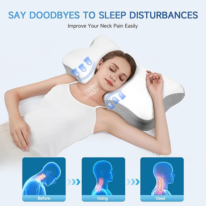 Cervical Pillow for Neck Pain Relief,Memory Foam Ergonomic Neck Support Pillow for Side Back&Stomach Sleepers with Pillowcase,Contour Best Bed Anti-Snoring Pillows for Sleeping-2Pack