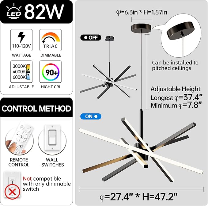 Modern Sputnik Chandelier Ceiling 82W LED Black Pendant Light Embedded Mount Chandeliers Dining Room Light Fixtures Over Table Dimmable with Remote Control for Living Room Kitchen Bedroom 31.5 inches