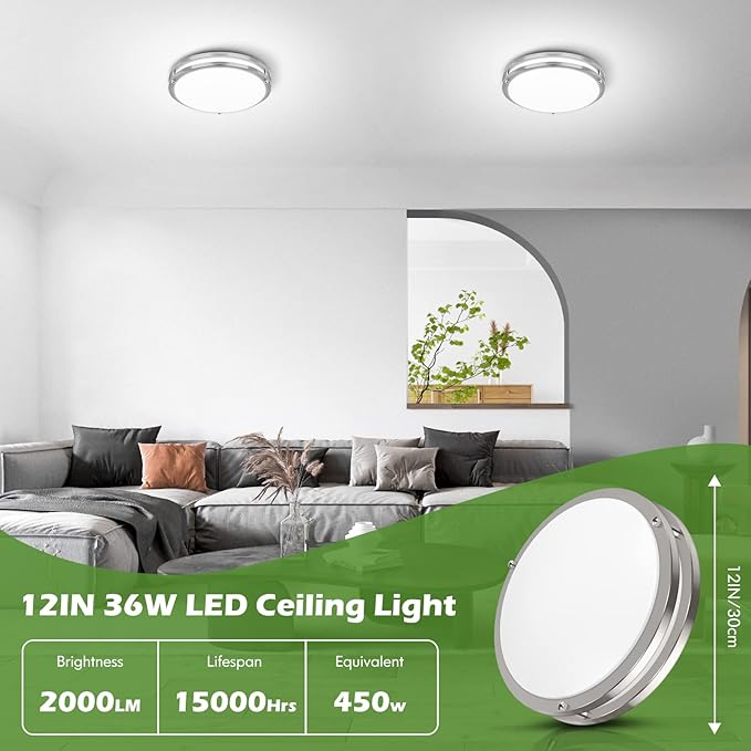 4-Pack 12 Inch Dimmable LED Ceiling Lights, 36W 2700K/3000K/4000K/5000K/6500K Adjusted Flush Mount Ceiling Light, 3200LM Super Bright Brushed Nickel Lighting Lamp Fixture for Bedroom Bathroom Dining