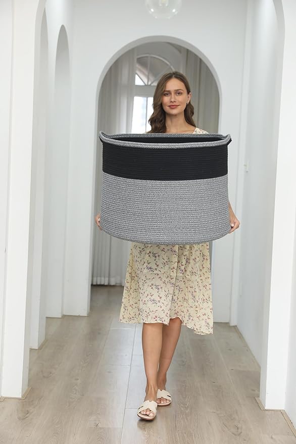 24" x 24" x 17" Max Size Large Cotton Rope Basket, Extra Large Storage Basket, Woven Laundry Hamper, Cloth Storage Bin, for Blankets Clothes Towels Pillows in Living Room, Black in Grey Mix