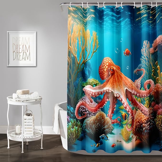 AILONEN Kawaii Octopus Shower Curtain,3D Octopus Turquoise Themed Bath Curtain Cloth Fabric Bathroom 72" W*84" H Inch,12 Pack Hooks for Kids Child,Boho Mandala Ocean Theme Bathroom Curtain