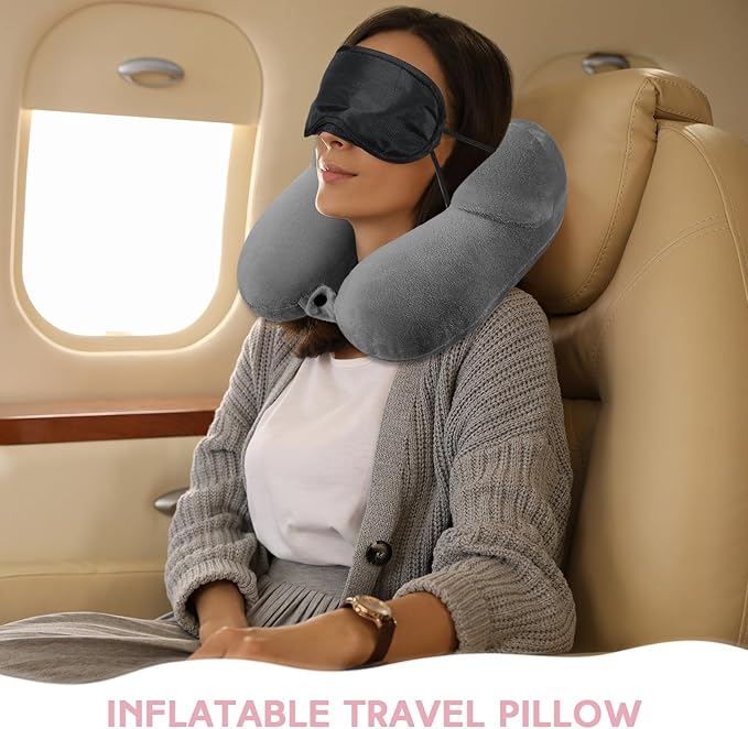Sintuff 2 Pack Inflatable Travel Pillow for Airplanes Inflatable Neck Pillows with Compact Bag and Blindfold Soft Flight Pillow for Traveling, Airplane, Train, Car, Office(Dark Gray and Light Pink)
