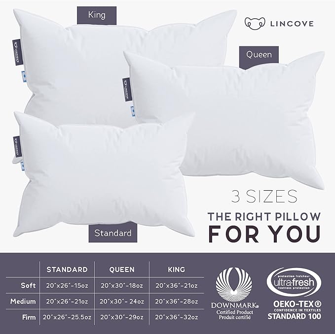Lincove 100% European Down Venus Pillow – German Down 600 Fill Power, 400 Thread Count Shell, Made in Canada, | Luxe Collection, 20"x20"