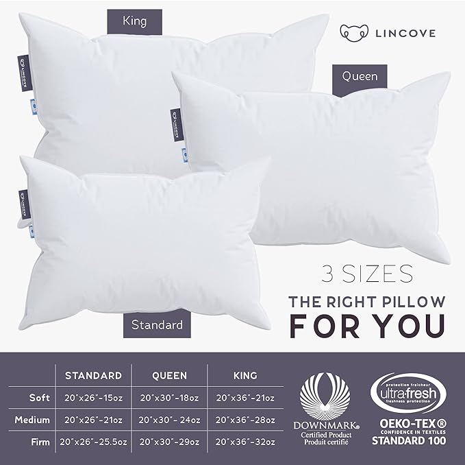 Lincove 100% European Down Venus Pillow – German Down 600 Fill Power, 400 Thread Count Shell, Made in Canada, | Luxe Collection, Standard - Soft