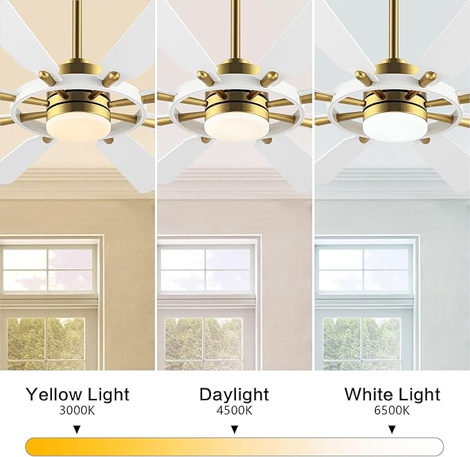 60" Ceiling Fan with Lights and Remote Control, Wood 8 Blades 6-Speed Noiseless Reversible DC Motor, Modern Large Ceiling Fan for Office Bedroom Dining Living Room, Gold Finish+White