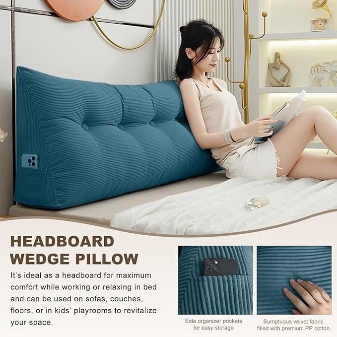 Headboard Pillow - Queen-Sized Headboard Wedge Pillow for Daybeds and Bunk Beds - Durable, Comfortable, with Removable Velvet Cover (Navy Blue, 76x20x8Inches)