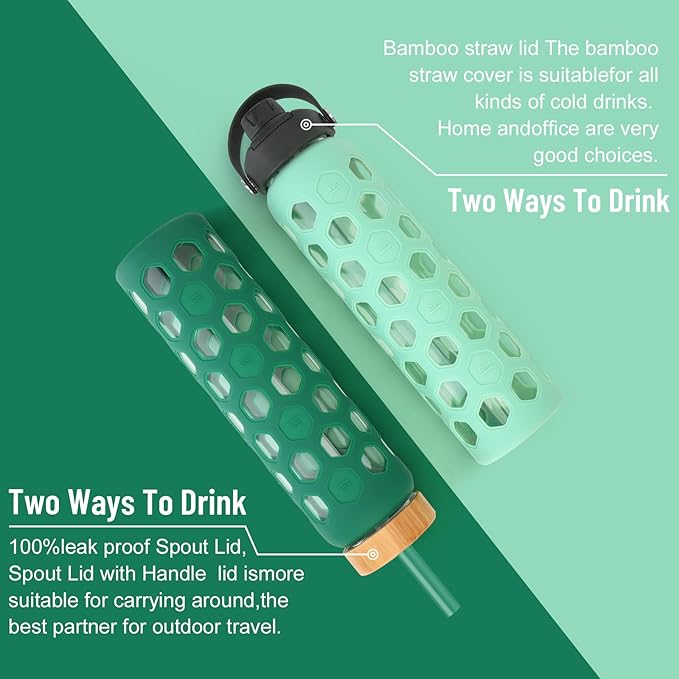 32oz Glass tumblers Water Bottles with Straw and 2 Lid