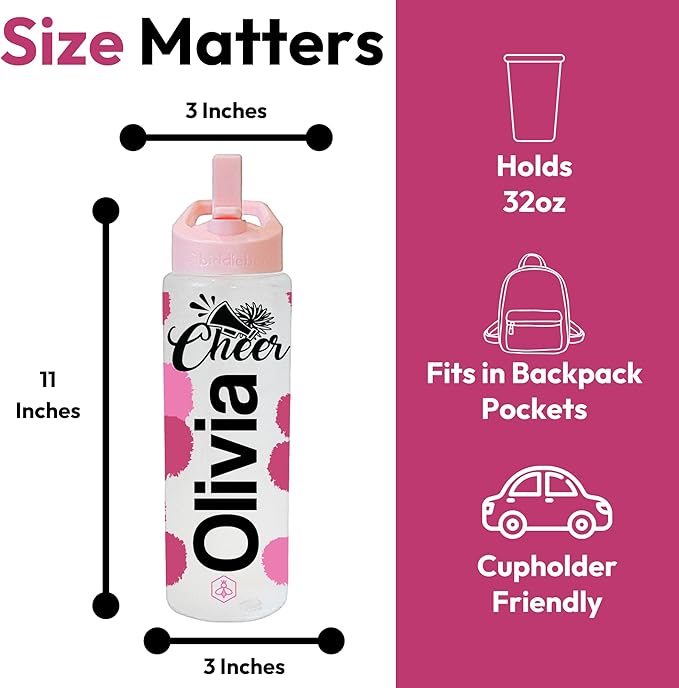 32oz Cheerleader Water Bottle with Straw Lid | BPA-Free Reusable Bottles for Cheerleaders, Cheer Team or Cheerleading Coach | Great Gifts for Girls, Coaches (Custom Cheer)