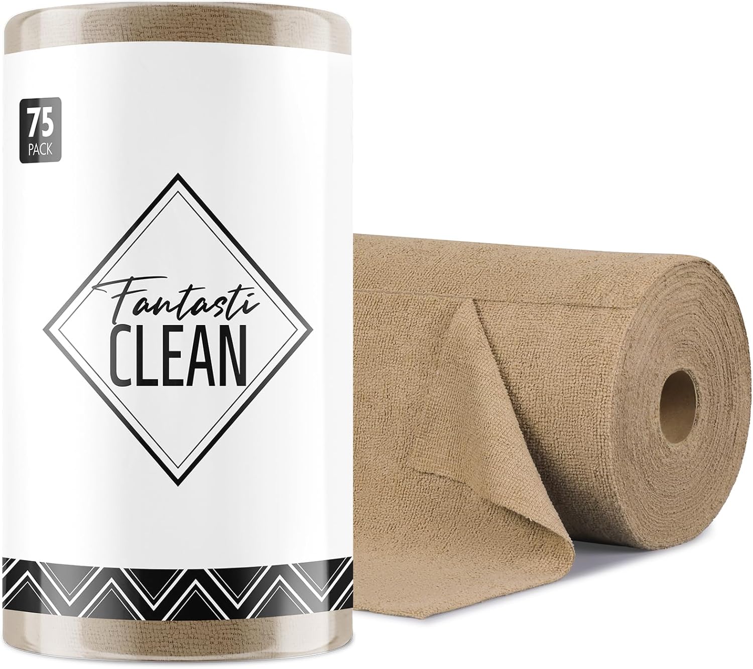 Fantasticlean Microfiber Cleaning Cloth Roll -75 Pack, Tear Away Microfiber Towels, 12" x 12", Reusable, Washable, Scratch Free, Ultra Absorbent Dish Rags for Car, Home, Garage or Shop (TAN)