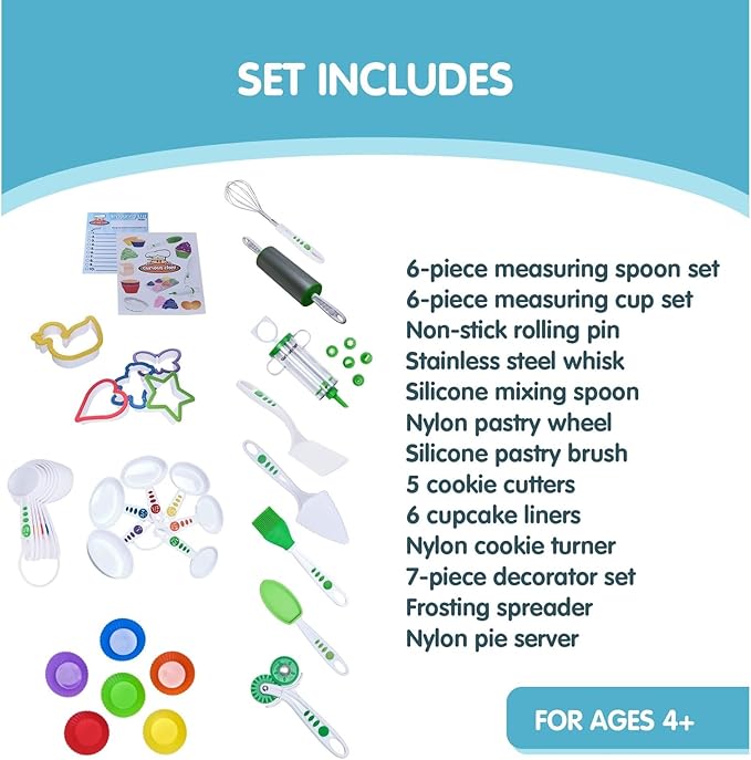 Curious Chef 38-Piece Cookie & Cupcake Kit for Kids, Dishwasher Safe & BPA-Free Plastic, Includes Real Tools - Measuring Spoon and Cup Set, Cookie Cutter, Silicone Liners, and More