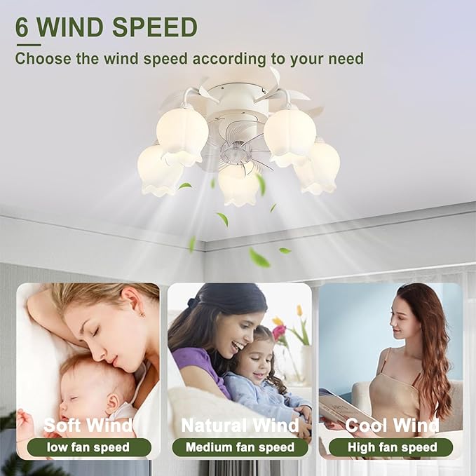 Flower Ceiling Fan with Light: White Flower Fan Lights for Girls Bedroom - Flush Mount Fandelier for Living Room - 5-Light Modern Chandelier with Fan for Home Decor Enthusiasts