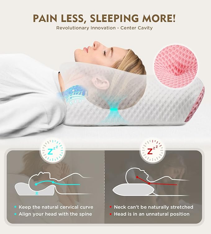 Cervical Pillow for Neck Pain Relief, Hollow Design Odorless Memory Foam Pillows with Cooling Case, Adjustable Orthopedic Bed Pillow for Sleeping, Contour Support for Side Back Stomach Sleepers