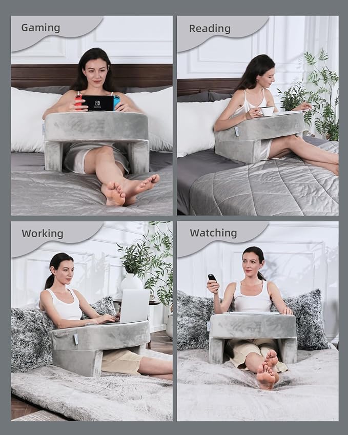 Weighted Idea Reading Pillow for Gaming, Extra Large Arm Rest Pillow for Adult，Lap Desk Pillow Gaming Pillow with 2 Side Pockets for Gaming, Reading, Working Sitting in Bed Floor Sofa (Grey)