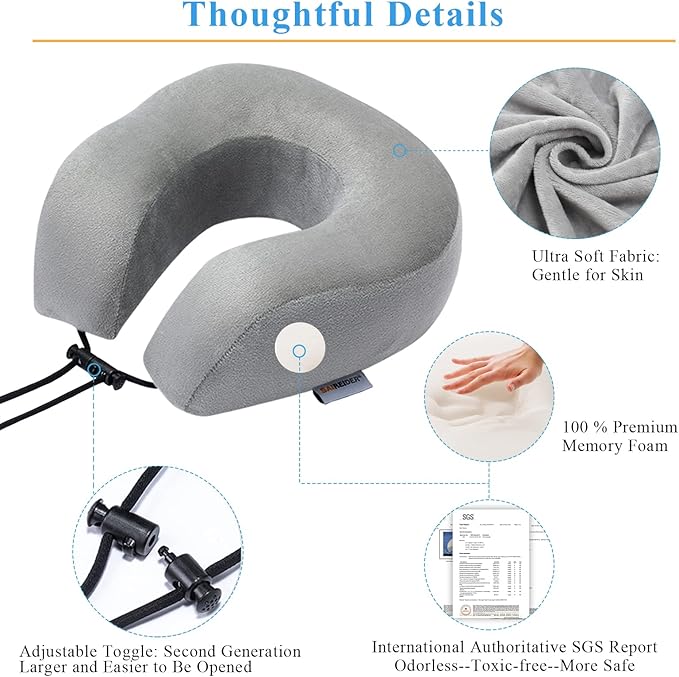 SAIREIDER Airplane Pillow 100% Memory Foam Neck Pillow for Airplanes Flight Rest Best Adjustable Travel Neck Support Pillows-Prevent The Heads from Falling Forward (Grey)