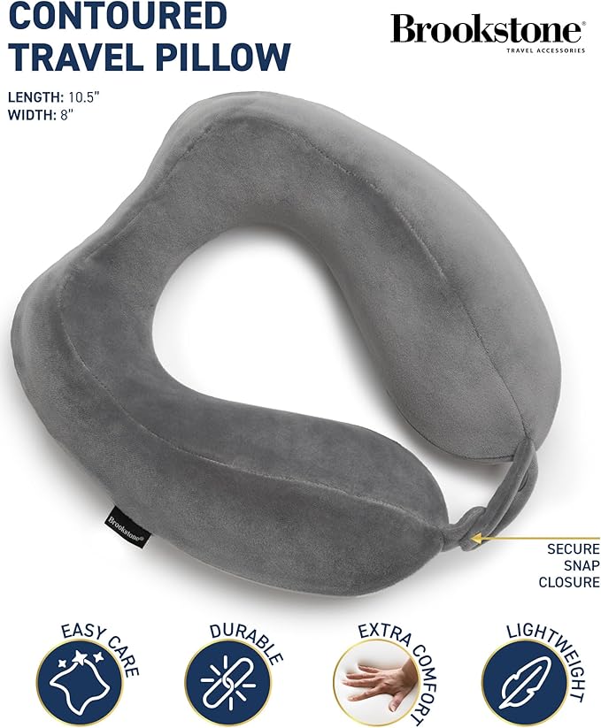Brookstone Contoured Memory Foam Head and Neck Travel Pillow Ergonomic and Lightweight, Dark Grey