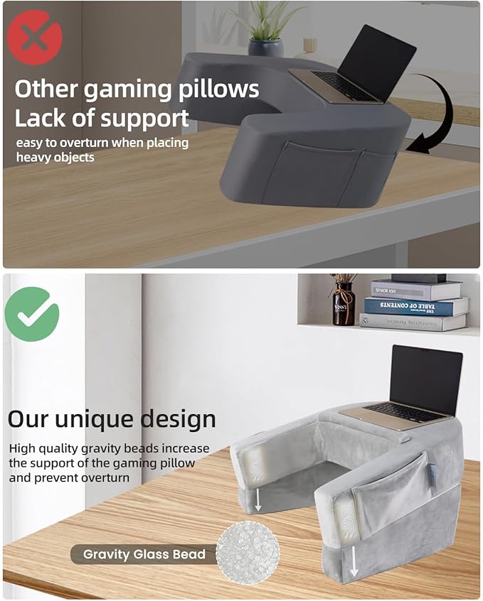 Weighted Idea Reading Pillow for Gaming, Meduim Gaming Pillow for Adult，Table Pillow with 2 Side Pockets for Gaming, Reading, Working Sitting in Bed Floor Sofa (Grey)