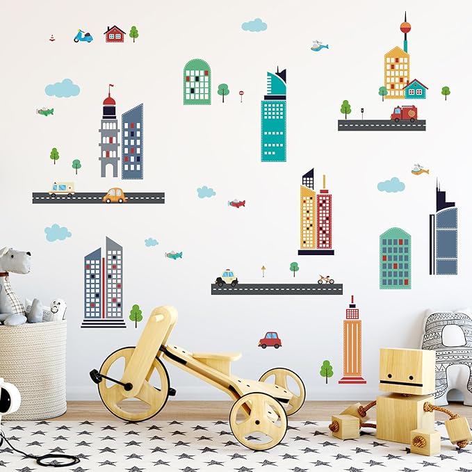 49pcs Cars City Wall Decals Removable Sticker for Kids Cartoon Cloud Skyscraper Construction Wall Stickers Airplane Kids Wall Decor Children's Day Gift Wallpapers for Nursery Classroom Playroom