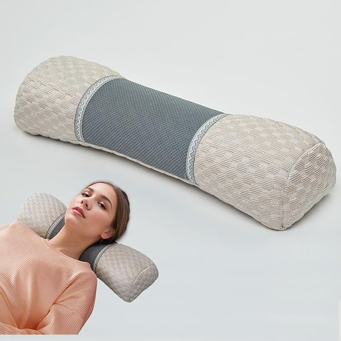 Buckwheat Pillow for Sleeping, Bolster Neck Support Pillow, Adjustable Firm Cervical Cylinder Roll Pillow for Shoulder Pain Relaxation, Khaki 5"x20"