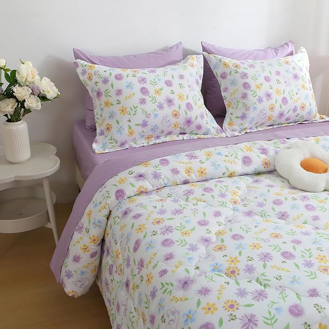 Wajade Floral Comforter Set Bed in A Bag Full Size 7 Piece Purple Flower Green Leaves Rabbits Bedding Set for Girls (1 Comforter, 1 Flat Sheet, 1 Fitted Sheet, 2 Pillowcase and 2 Pillow Sham)