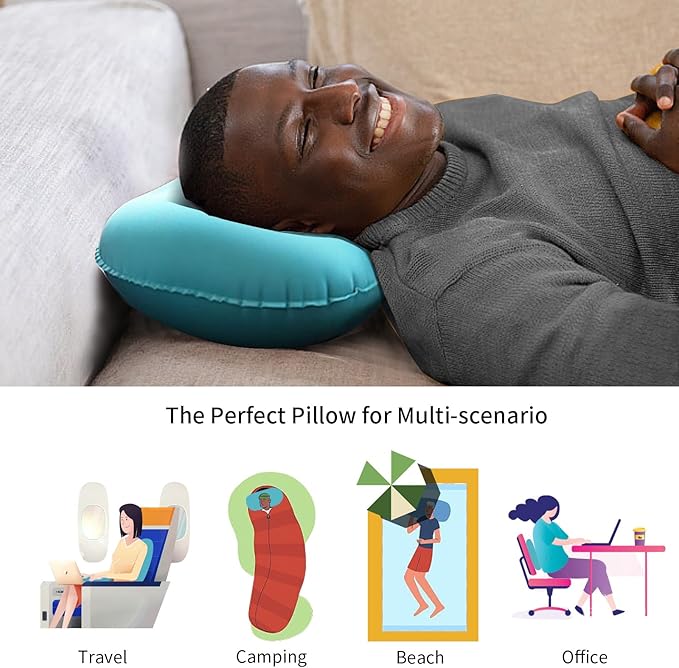 Ultralight Inflatable Travel Pillow Press to Inflate Compressible Ergonomic Neck and Lumbar Support While Camping Driving Sleeping Peacock Blue