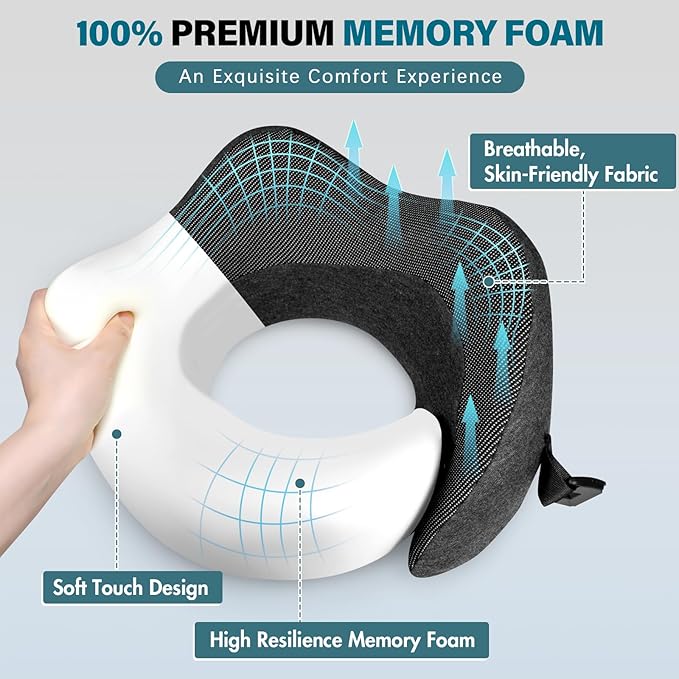 PORTHOLIC 2024 Upgraded Travel Neck Pillow with Buckle,100% Pure Memory Foam Travel Neck Pillow for Airplane Travel Flight Headrest Sleep, Portable Plane Accessories(Dark Grey)