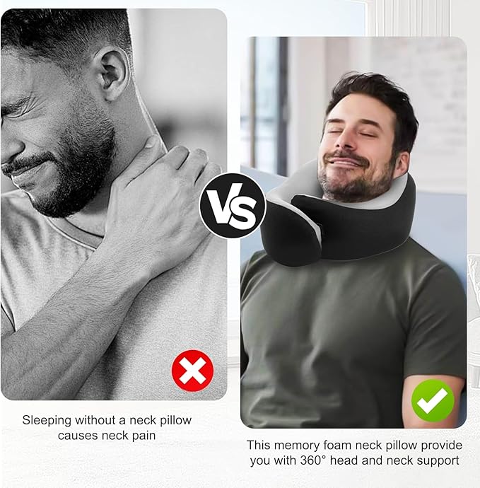 Travel Pillow, 360° Wrapped Travel Neck Pillow, 100% Pure Memory Foam Neck Pillow, Airplane Neck Pillows, Perfect Support, Soft and Breathable Pillows, Travel Accessories with Portable Bag