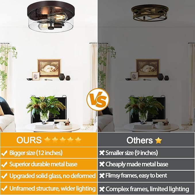 Flush Mount Ceiling Light Fixtures, 2-Light 12 Inch Brown Close to Ceiling Light Fixtures with Seeded Glass Shade Light Fixtures Ceiling Mount for Porch, Hallway, Bathroom, Dining Room and Foyer