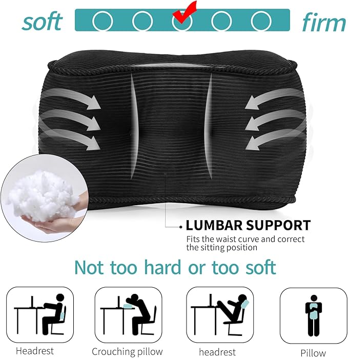 Lumbar Support Pillow for Office Chairs, Back Support Pillow for Lower Back Pain Relief, Soft & Good Support Corduroy Desk Lumbar Cushion, 14.9"x9"x5.5", Small (Black)