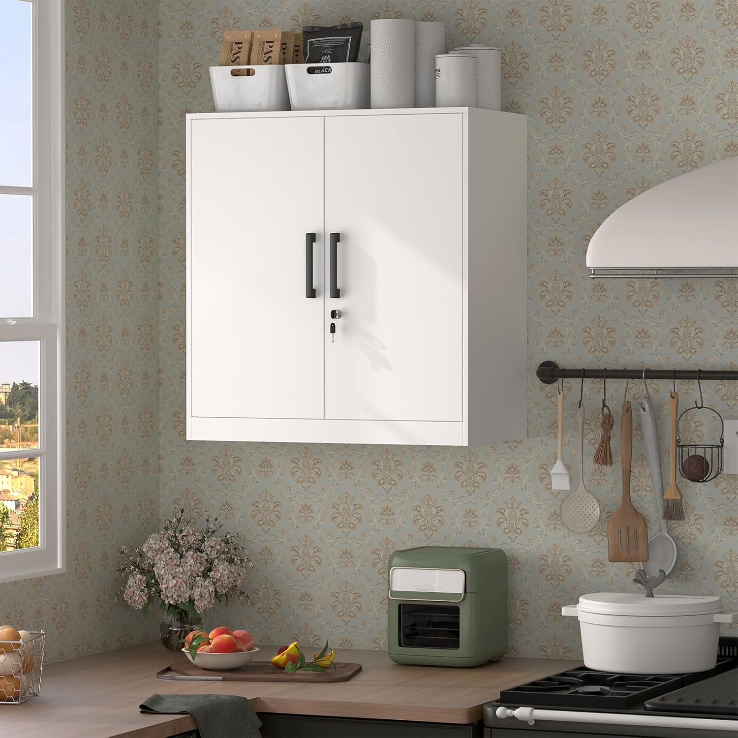 Wall Cabinet,Lockable Storage Cabinets with Adjustable Shelf,Locking Wall Storage Cabinet with Doors for Laundry Room,Home Office,White