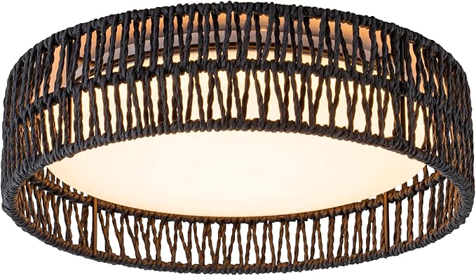 SineRise 12" Flush Mount Ceiling Light,25W LED Rattan Ceiling Light Fixture,Dimmable Handmade Boho Light Fixtures with Rattan,Farmhouse Lighting Fixtures Ceiling for Hallway Kitchen Bedroom(Black)