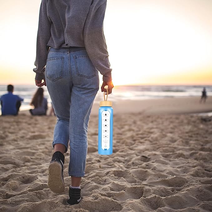 32 Oz Borosilicate Glass Water Bottle with Times to Drink | BPA Free - Reusable Wide Mouth Glass Motivational Water Bottles with Infuser & Silicone Sleeve (azure)