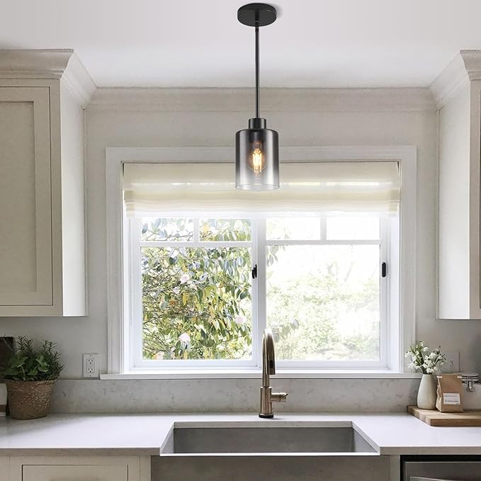 Black Pendant Lights Kitchen Island,Smoked Glass Pendant Light Fixture Multiple Stems Rods 3 Units 12 Inch 3 Units 4 Inch (2 Pack Smoked Glass+Black Downrod)