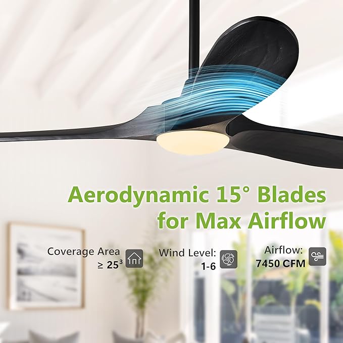 72 Inch Wood Ceiling Fans with Lights and Remote Control, Outdoor Ceiling Fan with Light Solid Wood Modern Black Large Ceiling Fans Propeller Indoor Patios Garage Bedroom High cfm, Matte Black